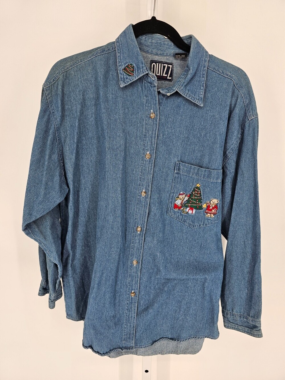 Vtg 1990s Quizz Sz M Long Sleeve Button Up Denim Shirt Christmas Embroidered